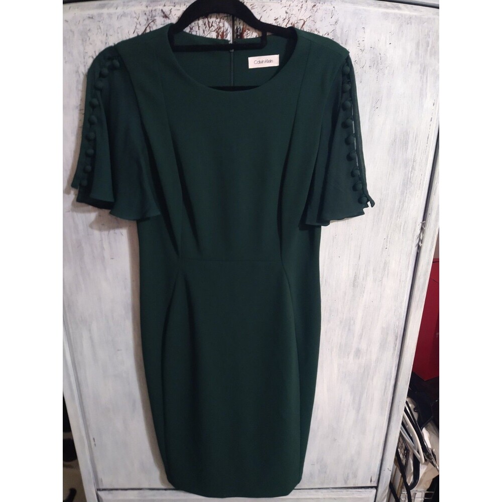 Calvin Klein Flared Sleeve Dress Sz P Green Classic Officey